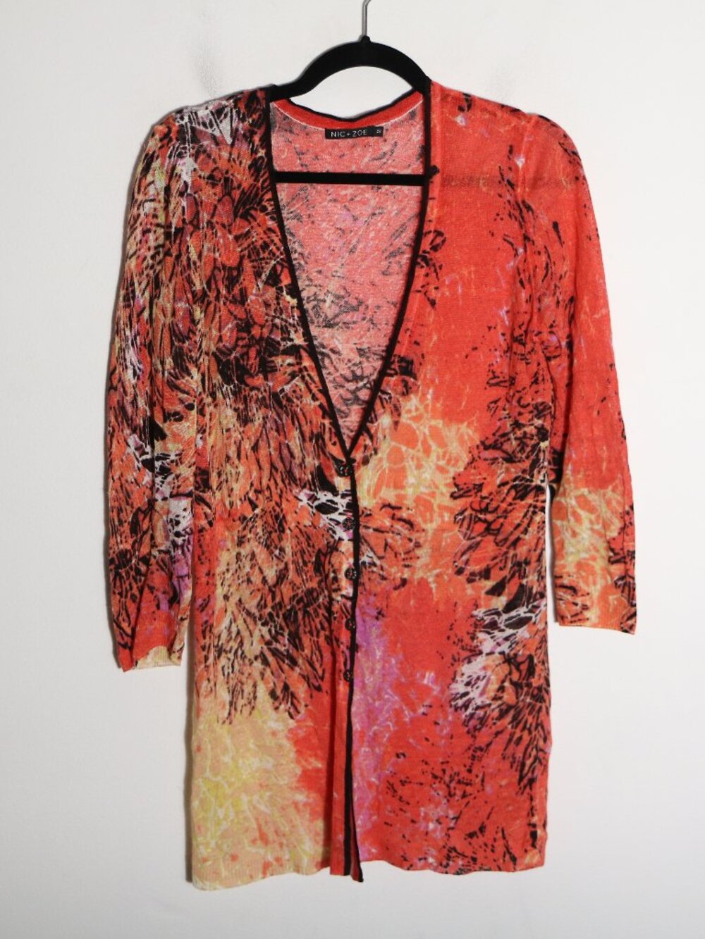 Nic + Zoe Linen Blend Artsy Abstract Longline Cardigan M Red Floral Lightweight